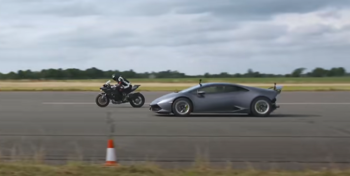 Кто быстрее – супербайк Kawasaki H2R против Lamborghini Huracan Turbo