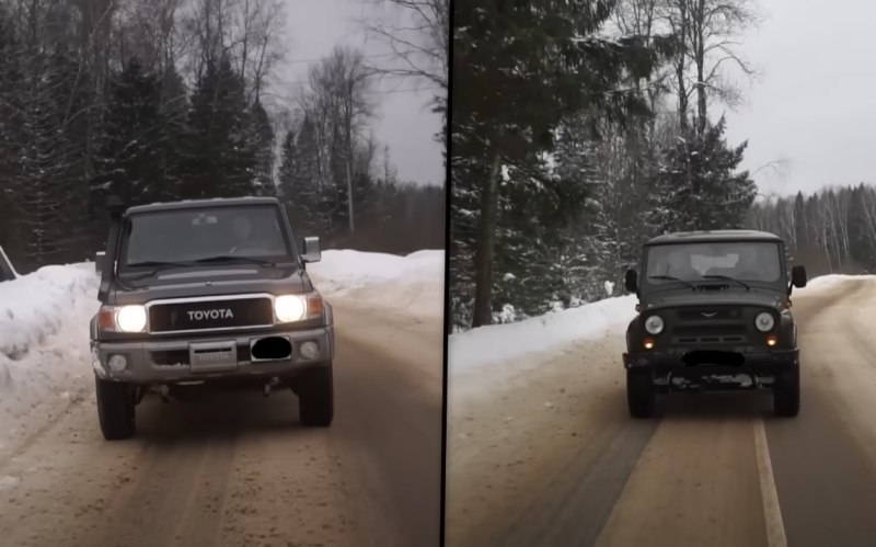 겨울 숲을 위한 Toyota Land Cruiser 70과 UAZ Hunter - 전투 중인 "노인"